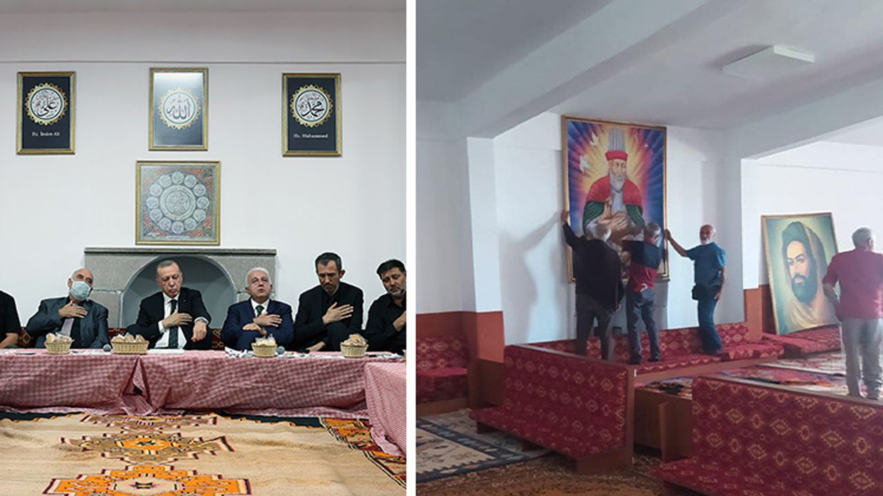 Erdoğan'ın Hüseyin Gazi Cemevi ziyareti öncesi yerleri değiştirilen resimler eski yerlerine asıldı
