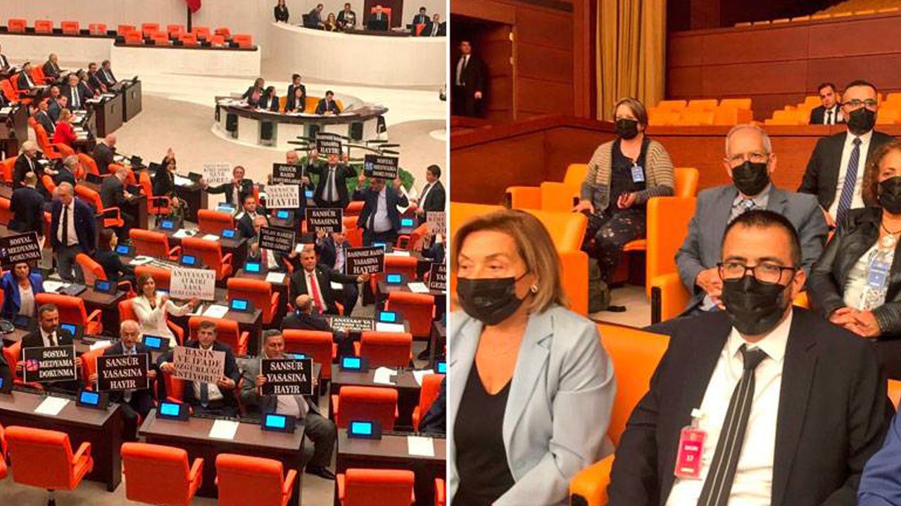 'Sansür yasası' teklifi TBMM'de protesto edildi: CHP’li vekiller pankart açtı, gazeteciler siyah maske taktı