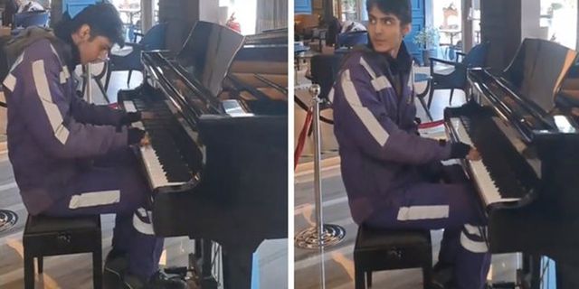 Sipariş götüren kurye piyanonun başına geçti: Video viral oldu